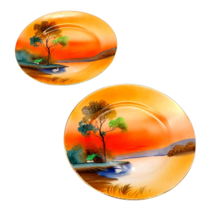 Vintage Noritake Porcelain Plates — Hand-Painted Sunset Lake Scene With Swan, Gold Rim, M in Wreath Mark, c.1920s-1940s - a Pair