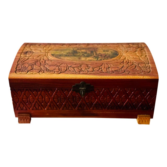 Late 20th Century Hand Carved Wooden Box With Mirror | Chairish