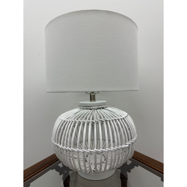 Lauren by Ralph Lauren White Rattan Table Lamps With White Shades - a Pair For Sale - Image 9 of 11