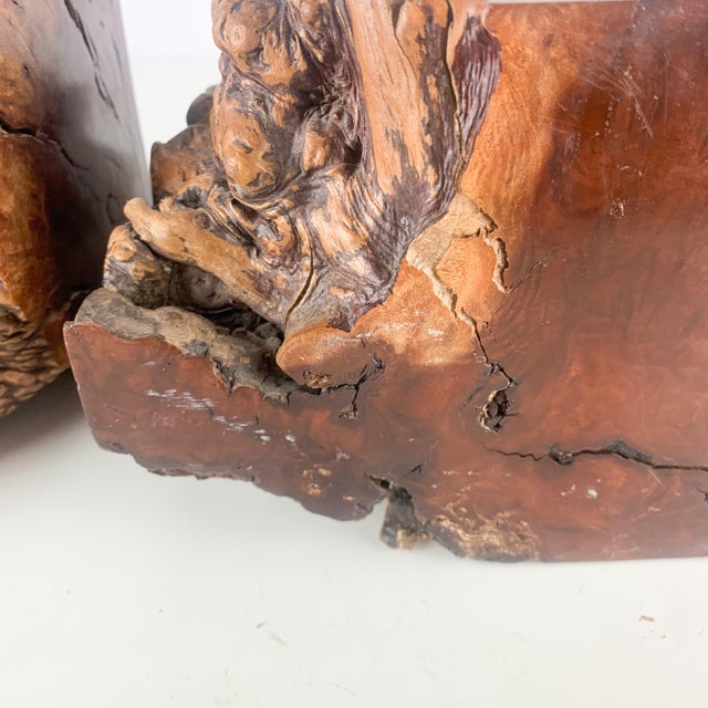 Brown Large Vintage Pair Unique Burl Wood Carved Sculptural Book Ends Mid Century MCM For Sale - Image 8 of 12