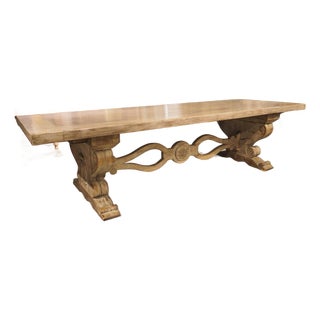 Large Patinated Walnut Dining Table on Antique French Shaped Trestle Supports For Sale