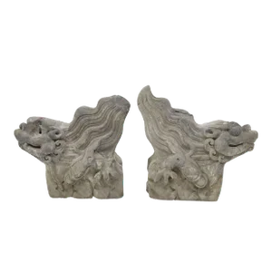 Antique Chinese Ming Dynasty Architectural Roof Tile Figures Qilin Foo Dog Guardian Lion Sculpture Pair