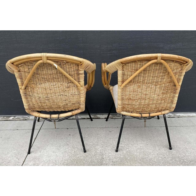 Brown Mid-Century Modern Rattan & Wrought Iron Basket Hoop Chairs (Pair) For Sale - Image 8 of 15
