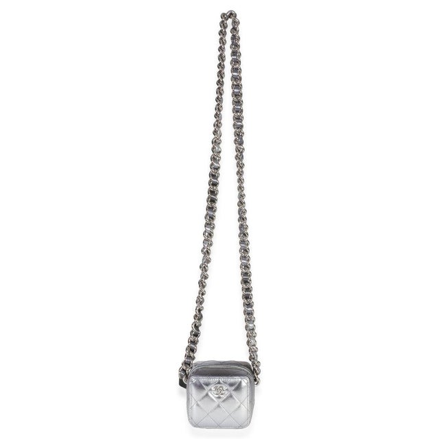 Silver Metallic Quilted Lambskin Coco Punk Clutch With Chain For Sale - Image 8 of 9