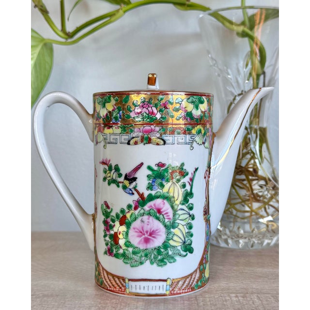 Chinese Vintage Lotus Bloom Famille Rose With Gilded Accents Hand Painted Canton-Guangcai Porcelain Chinese Tea Pot For Sale - Image 3 of 12
