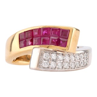 Vintage Ruby Diamond 18k White and Yellow Gold Bypass Ring Size 6.75 For Sale