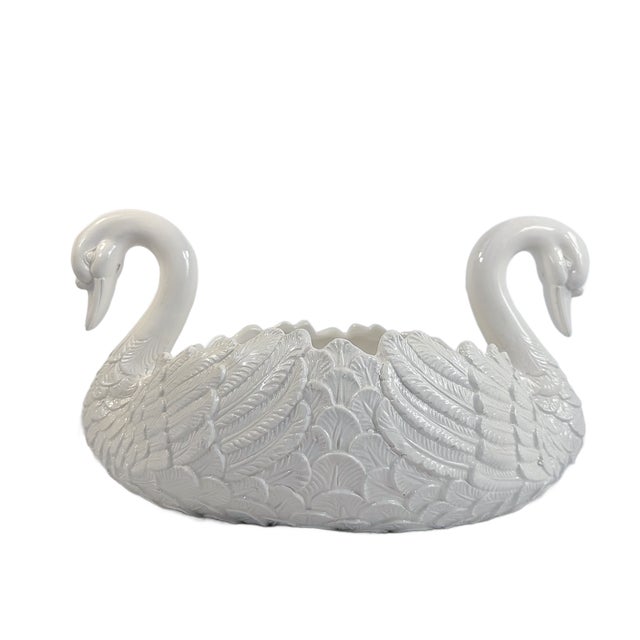Hollywood Regency 20th Century Italian White Ceramic Double Swan Centerpiece Planter For Sale - Image 3 of 6