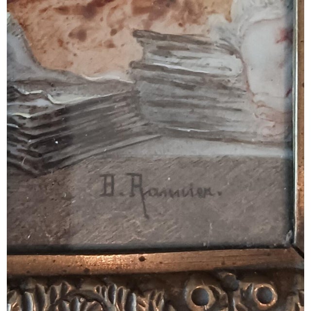 French After Fragonard's "L'Etude" Miniature Watercolor Signed Rannier For Sale - Image 3 of 4