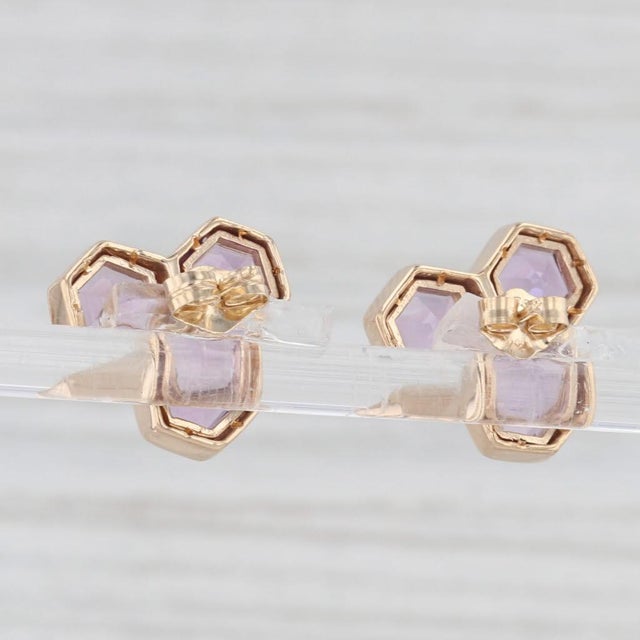 Art Deco New Amethyst Hexagon Cluster Stud Earrings 14k Yellow Gold - 2 Pieces For Sale - Image 3 of 5