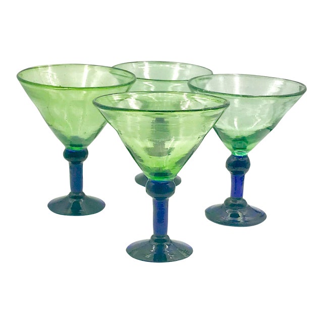 1980s Hand Blown Green and Cobalt Martini - Set of 4 For Sale