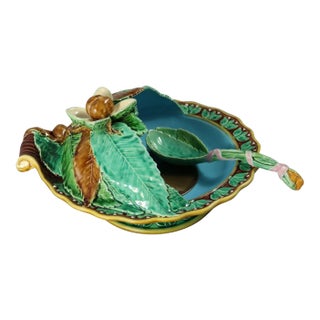 Minton Majolica Chestnut Server With Spoon For Sale