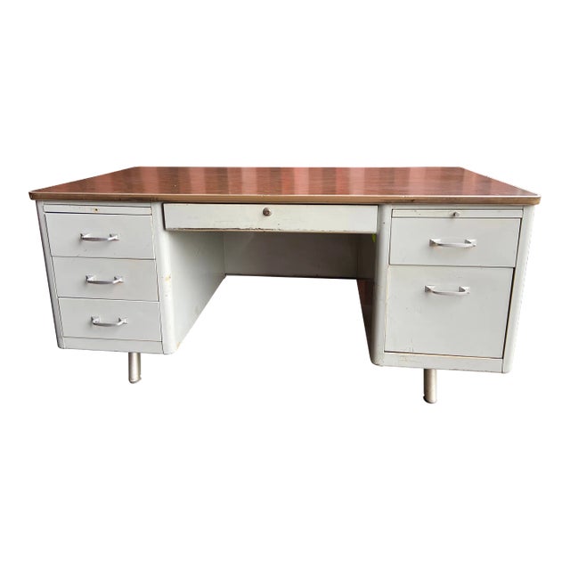 Vintage Mid Century Modern Metal Tanker Desk For Sale