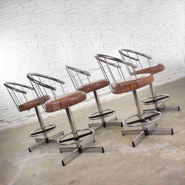 5 Cosco Vintage Modern Chrome Bar or Counter Stools W/ Brown Vinyl Faux Leather Seats Chairish