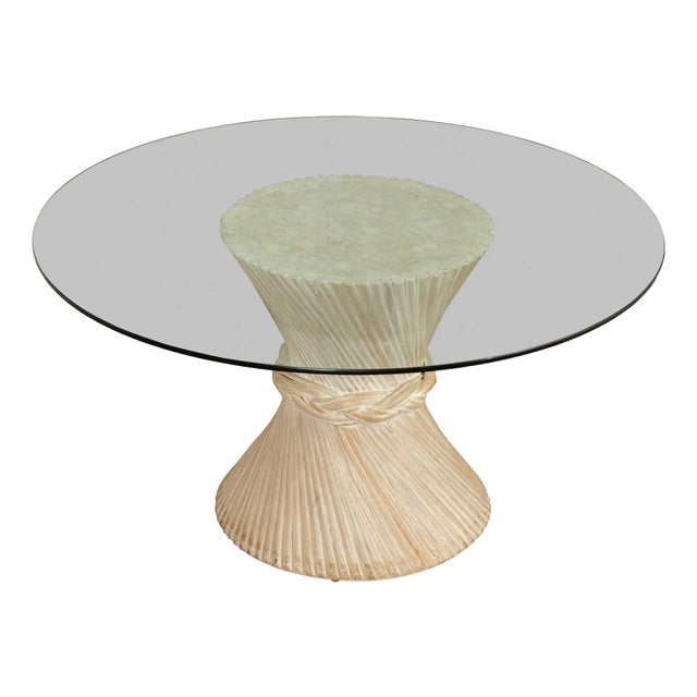 Hollywood Regency Rattan Wheat Sheaf Round Glass Top Pedestal Dining Table For Sale