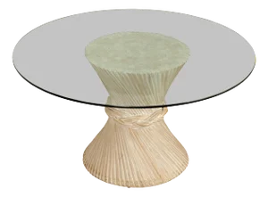 Hollywood Regency Rattan Wheat Sheaf Round Glass Top Pedestal Dining Table