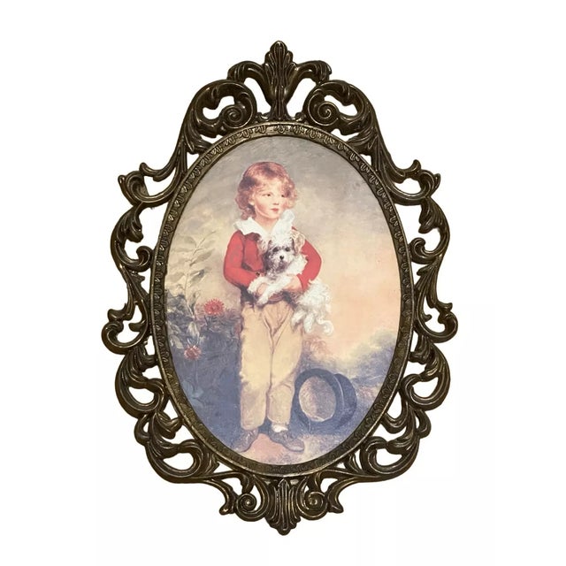 Victorian Wall Art Oval Ornate Framed Metal Victorian Picture Girl Boy Florentia Italy Vtg For Sale - Image 3 of 6