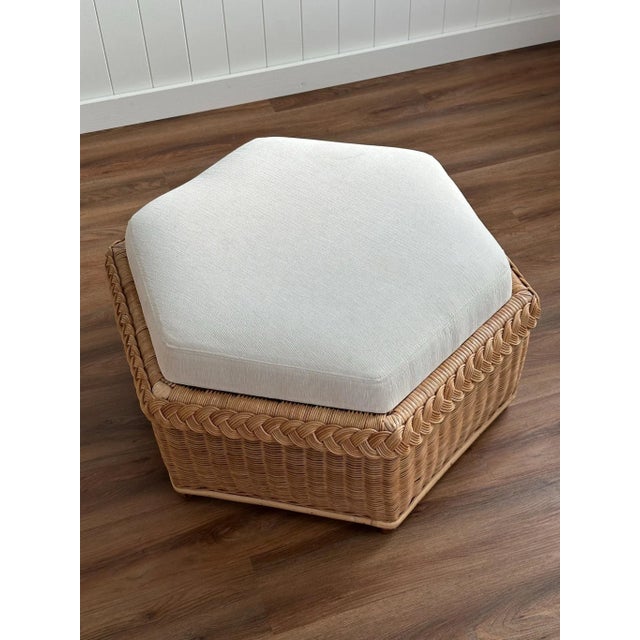 Mediterranean Vintage Brown Jordan Braided Wicker Hexagonal Ottoman For Sale - Image 3 of 12