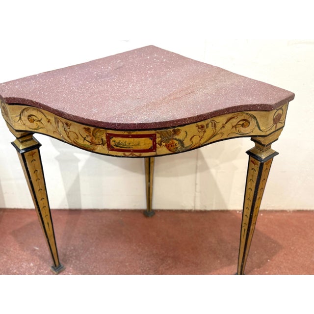 Pair 18th-Century Neapolitan Painted Corner Console Tables, Faux Porphyry Tops For Sale - Image 9 of 18