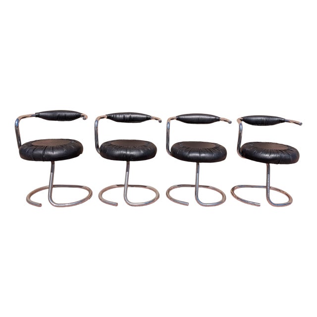Black Leather Cobra Chairs attributed to Giotto Stoppino, Italy, 1970s, Set of 4 For Sale
