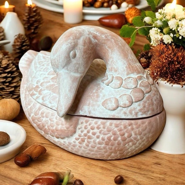 Vintage terracotta clay duck soup tureen with ladle. Crafted in the manner of 14th century Italian Terra Cotta. Signed and...