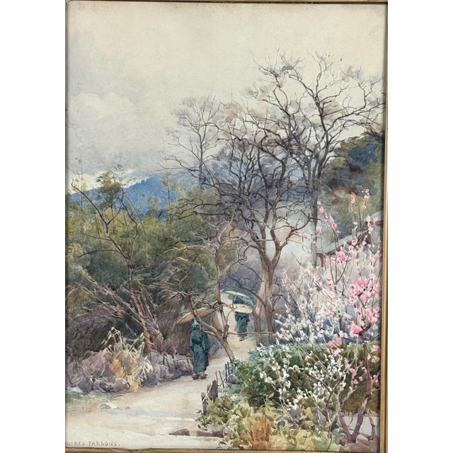 An impressionistic misty springtime watercolor view of travelers on a Japanese hillside by the British artist Alfred...