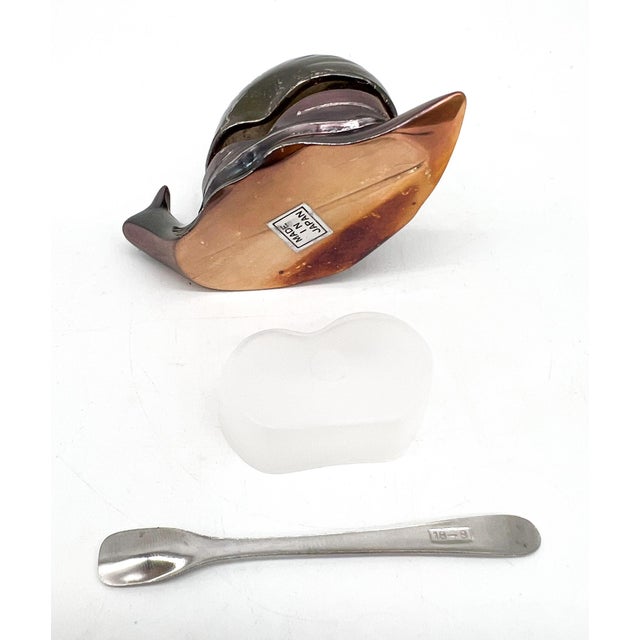 Metal Mid-Century Patinaed Silver Plated Snail Salt Cellar — Hinged Shell, Plastic Liner & Spoon- Boho Chic, Coastal For Sale - Image 7 of 9