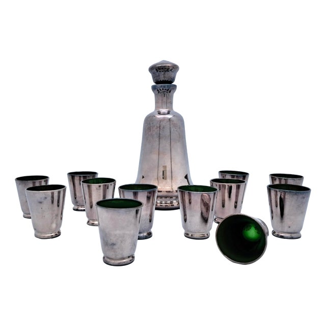 Decanter and Shot Glasses in Murano Glass and Silver from Manifattura Di Murano, 1930s, Set of 13 For Sale