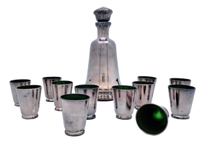 Decanter and Shot Glasses in Murano Glass and Silver from Manifattura Di Murano, 1930s, Set of 13