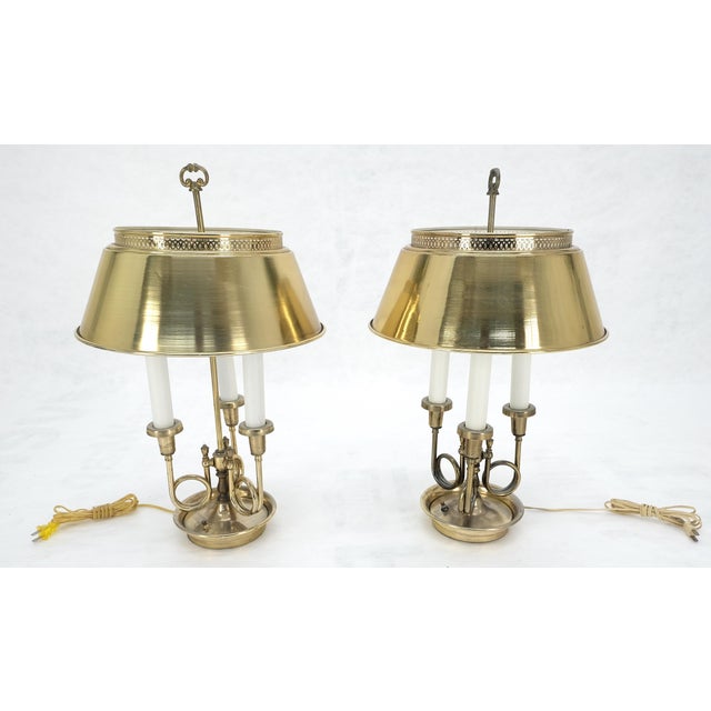 Brass Pair of Unusual Brass Shades Brass Bases Bouillotte Table Lamps MINT! For Sale - Image 8 of 15