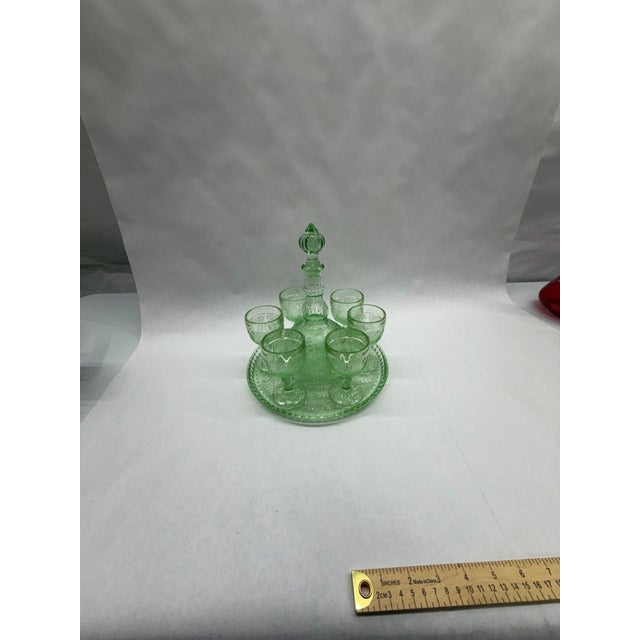 Mid-Century Modern Vintage Vaseline / Uranium Green Pressed Glass Decanter and Cordial Set With Tray - 8 pcs For Sale - Image 3 of 11