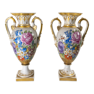 19th Century Pair of French Old Paris Garniture Urn Vases With Floral Design