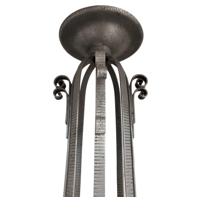 Early 20th Century Teal Blue French Art Deco Art Glass and Iron Mounted Pendant For Sale - Image 9 of 12