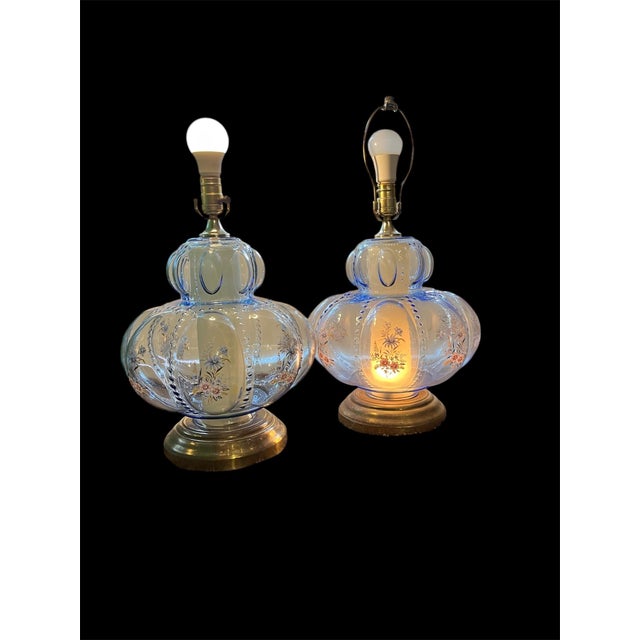 1950s 1950s Pair of Mid-Century Modern Murano Style Blue Bullicante Glass Lamps For Sale - Image 5 of 12
