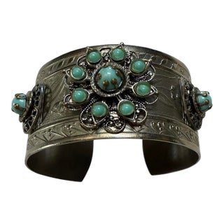 Vintage Silver Plated Cuff With Turquoise Beads and Scrollwork For Sale