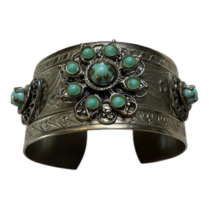 Vintage Silver Plated Cuff With Turquoise Beads and Scrollwork