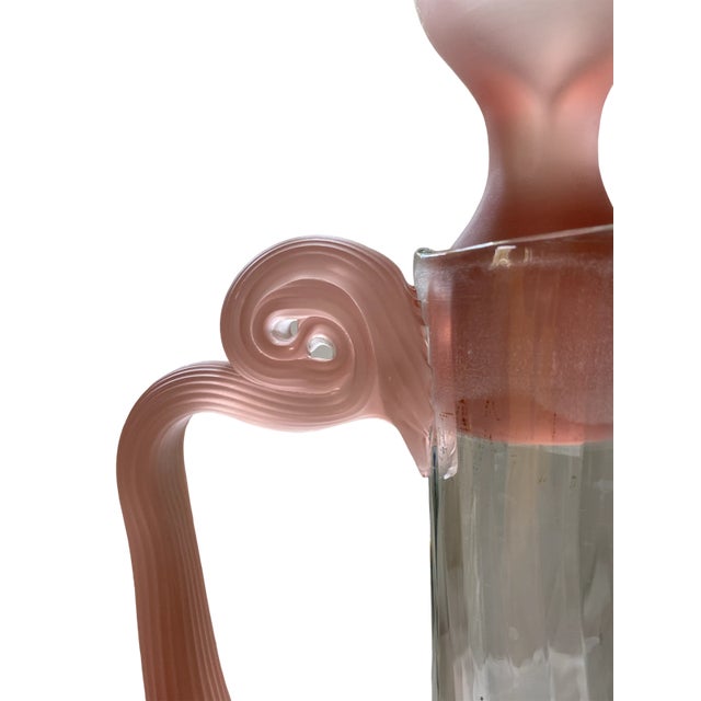 Transparent Vintage Polish Crystal Wine Carafe Decanter Pitcher With Frosted Pink Stopper and Satin Handle For Sale - Image 8 of 9