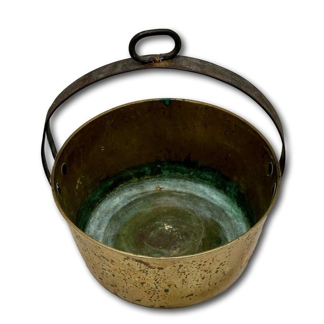Unusual Mid 1800s Antique Heavy Brass & Hand Wrought Iron Fireplace Hearth Hanging Cooking Pot For Sale - Image 9 of 18