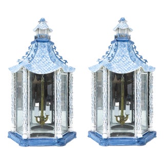 A Pair of Vintage Brighton Blue and White Chinese-Style Pagoda Wall Lamps For Sale
