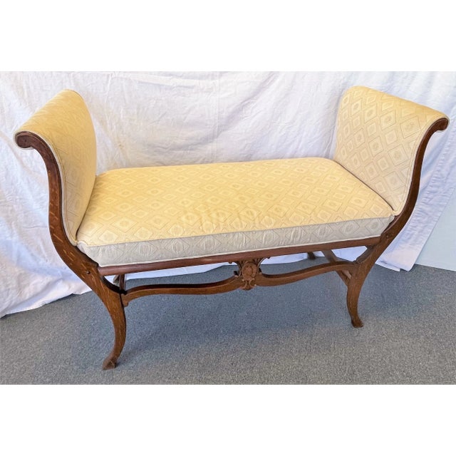 Stylish vintage Federal style bench from the 1930's. This piece is very well made with a solid wood frame, S-curve rolled...