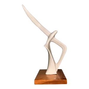 Mid Century Modern Bird Gull Sculpture Ceramic Wood Beast Wooden Base