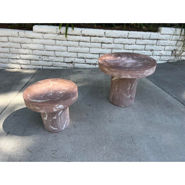 Pair of 1980s Postmodern Mauve Resin Faux Marble Swirl Pedestal Tables For Sale - Image 4 of 15