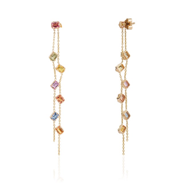 Metal Rainbow Cascade Multicolor Gemstone Drop Earrings by VRJewels in 14k Solid Gold- A Pair For Sale - Image 7 of 16