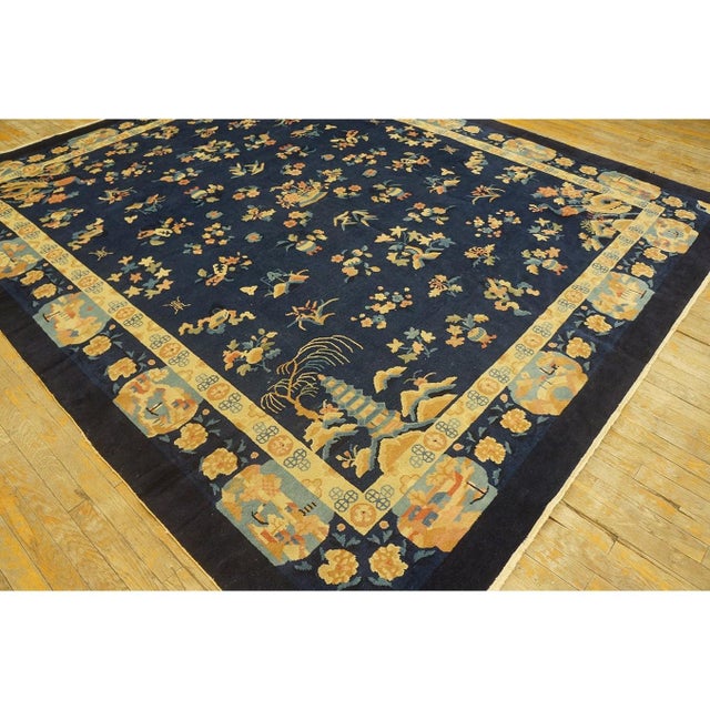 Textile 1920s Navy Blue Floral Shou Deco Antique Chinese Peking Knotted Rug 8'2" X 9'10" For Sale - Image 7 of 9