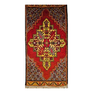 Vintage Turkish Tribal Prayer Rug, Handwoven Wool Pile, Red Medallion, 2' x 3' For Sale