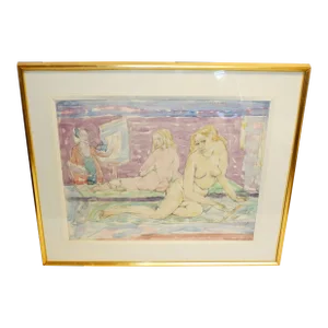 Original Watercolor Wladyslaw Brzosko 1964 Painting Nude Women