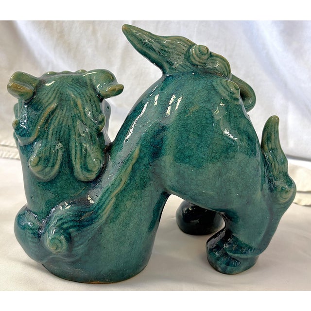 Vintage Turquoise Glazed Ceramic Yang Foo Dog For Sale - Image 10 of 12