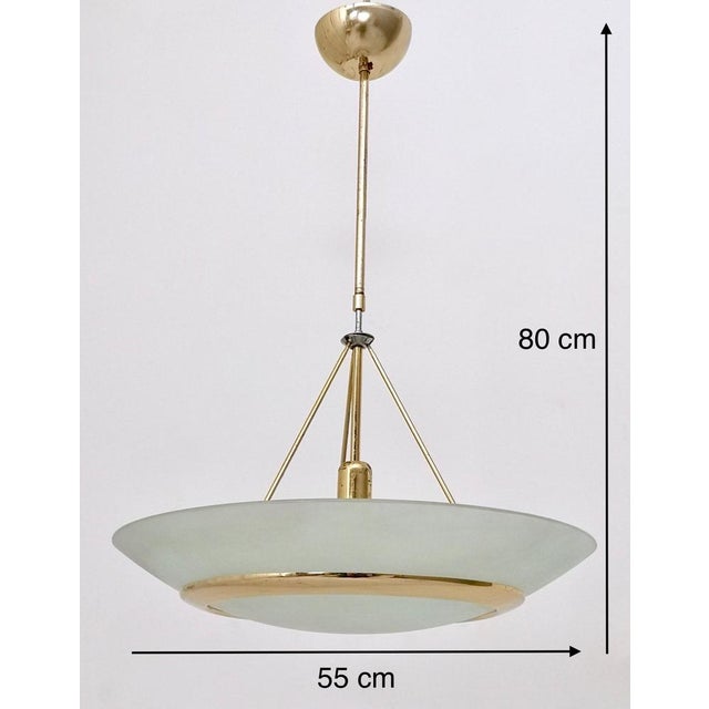 Aqua Brass and Etched Glass Bowl Pendant in the style of Fontana Arte, Italy, 1980s For Sale - Image 8 of 9