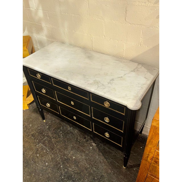 Vintage French Louis XVI Jansen Style Black Lacquered Chest For Sale - Image 10 of 13