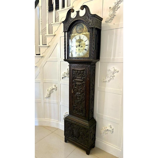 Outstanding quality 18th century oak longcase clock having a fabulous brass dial with a 12” silvered chapter ring showing...