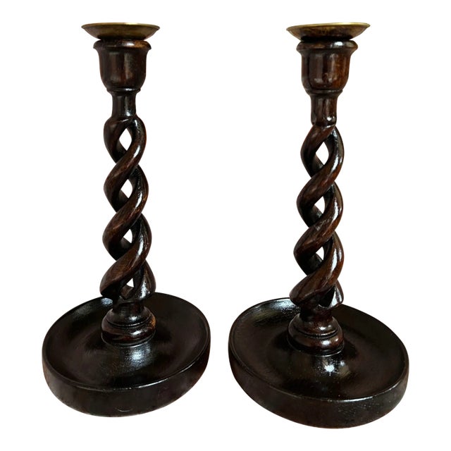 Pair Set Antique English Oak Open Barley Twist Candlesticks Candle Holder Brass For Sale